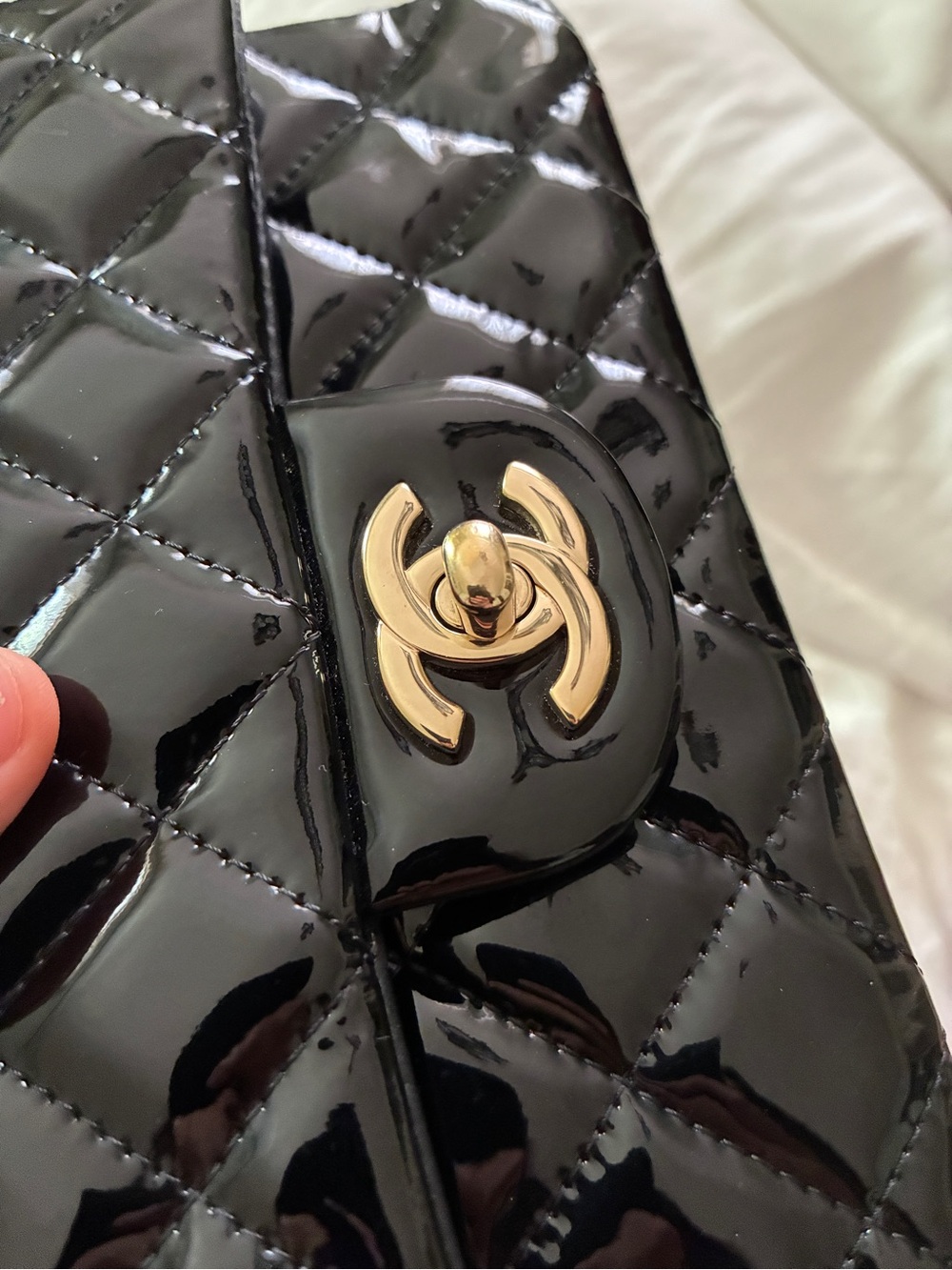 CHANEL Black Quilted Patent Leather Mini Crossbody with Gold-Tone Chain - Picture 10 of 13